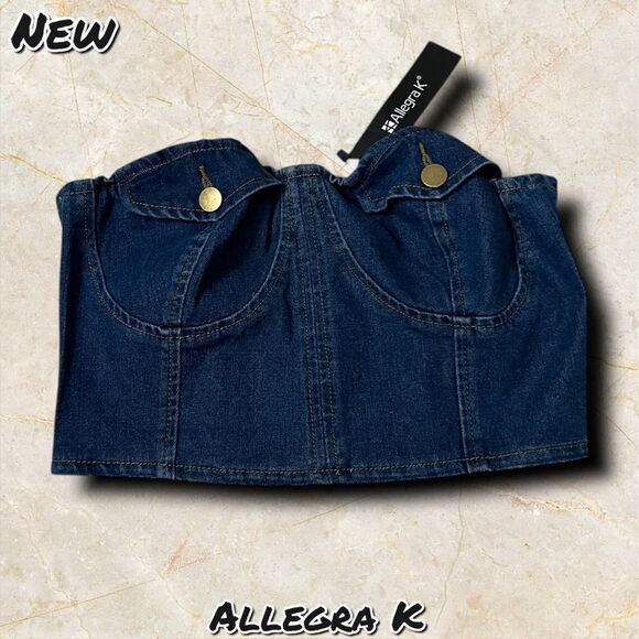 New NWT Allegra K Button Front Strapless Denim Crop Top - Size Small - Picture 3 of 9